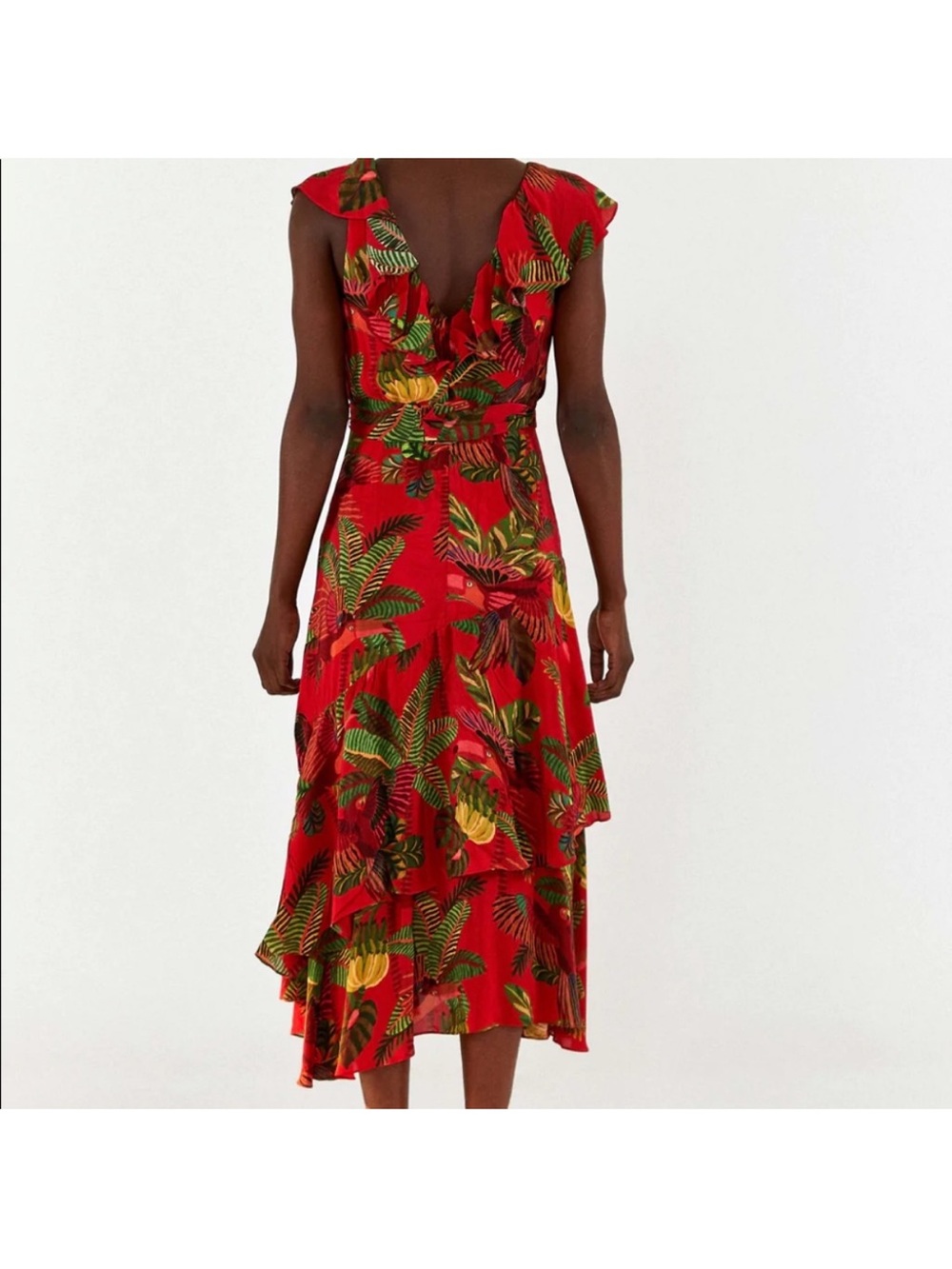 FARM Rio Red Tropical Ruffled Midi Dress with Belt - Picture 3 of 9